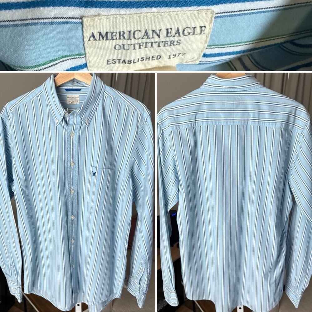 American Eagle Men’s Blue/white/green L/S Striped Button Up Size S